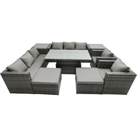 Fimous Rattan Dining Table Sofa Set with 2 Side Tables 2 Armchair 2 Stools Outdoor 10 Seat Garden Furniture Set Dark Grey Mixed (1/5)