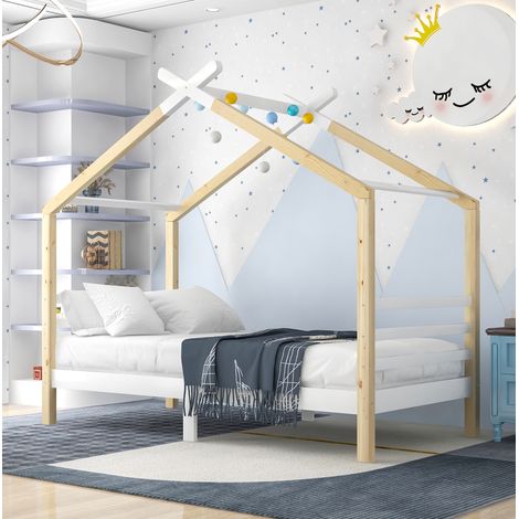 Hausbett 90x200 cm, kreatives Design mit Dach, Platz für Aufbewahrung, Massivholz, Natur (1/5)