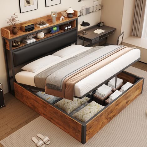 Cama doble abatible 180x200 cm, con almacenamiento hidráulico, cabecero acolchado con USB, madera y metal, negra (1/5)