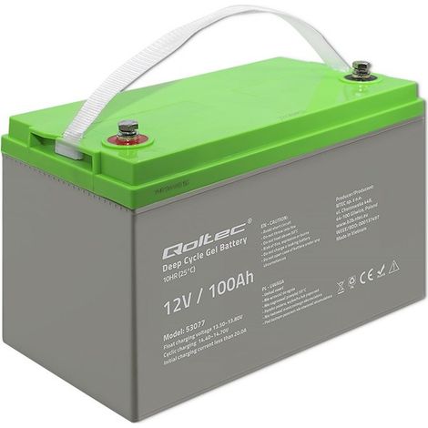 Batería de gel de ciclo profundo Qoltec, 12 V, 100 Ah, 30,5 kg, Sin mantenimiento, Fotovoltaica, SAI, autocaravana (1/5)