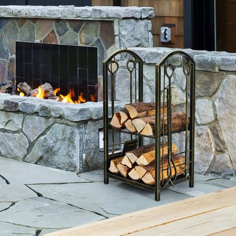 Fireplace Log Rack with 4 Pieces Fireplace Tools-Bronze (1/5)