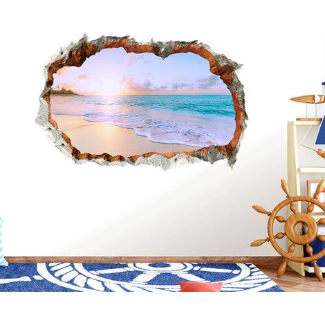 3D Stickers muraux ÎLE DE VACANCES (60x40 cm) I autocollant sticker mural paysage plage mer océan palmier I Déco pour salon chambre cuisine couloir porte entrée adulte