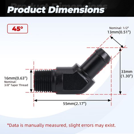 Aluminum 45°/90° hose barbed push-in oil/gas pipe reducer adapter - 3/8-1/2-45° (1/4)