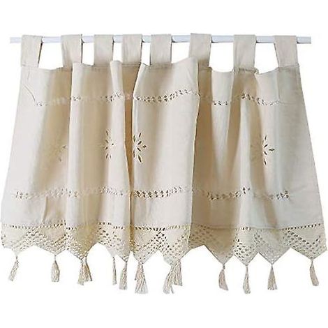 Voilage court style vintage en coton et lin, rideau à pompons et dentelle au crochet pour café, bistro et cuisine, déco champêtre pour maison. (1/5)