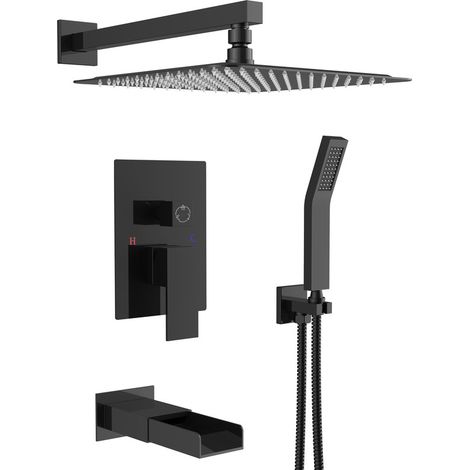 Colonne de Douche Encastrée avec Tête de Douche Carrée Murale 30 x 30 cm, Pomme de Douche en Acier Inoxydable et Robinetterie de Baignoire, Noir , Rainsworth (1/5)