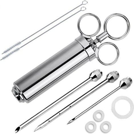 Dosatore per marinata in acciaio inox da 60 ml con 3 alette per arrostire, iniettore per alimenti per iniettare salsa BBQ, salamoia, marmellata in manzo e tacchino grigliati (1/5)