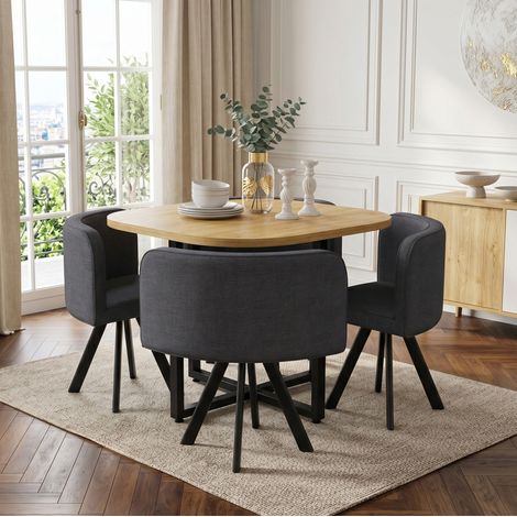 Conjunto de comedor en MDF y lino gris, 4 plazas, ahorro de espacio con sillas que se guardan bajo la mesa (1/5)