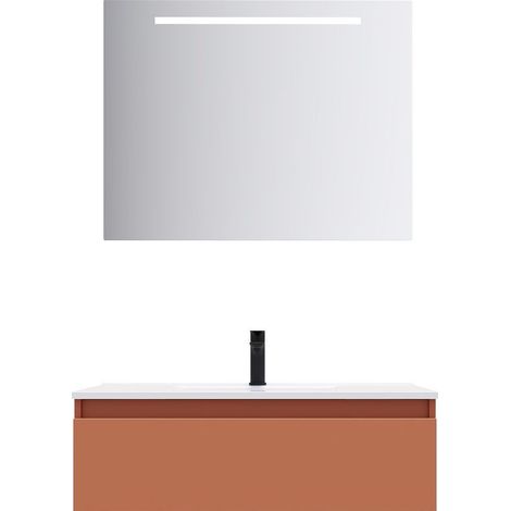 Meuble de salle de bain suspendu vasque intégrée 90cm 1 tiroir Terracotta + miroir - Hudson (1/5)