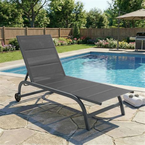 Bain de Soleil Gris en Aluminium Dossier Réglable 6 Positions avec Roues Rembourrage Intégré Foncé 62x165x94cm
