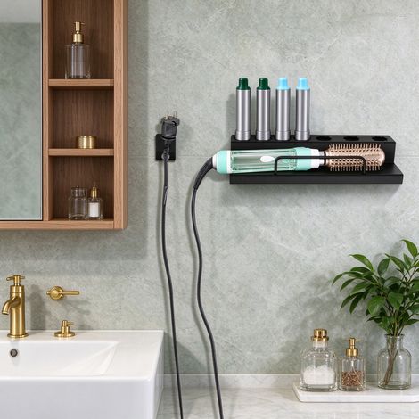 Black Wall Mounted Storage Holder for Curling Iron, Curling Iron Storage Rack, Stainless Steel Rustproof 7 Slots Shelf Cord Hanger, 22lbs Load, Bathroom Salon Hair Tool Organizer (1/5)