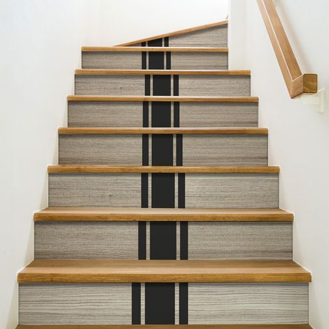 Planche de bois marron clair avec bandes noires, style industriel - Contremarche adhésive autocollante 19,5 X 100 cm, modène x3. (1/2)