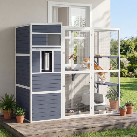 Enclos extérieur en bois pour chats avec 3 plateformes, toit résistant aux intempéries, espace de repos pour 3 à 4 chats jusqu'à 10 kg, gris (1/5)