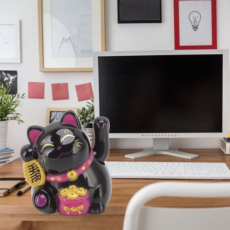 Gato de la suerte con energía solar y brazos móviles – estatua decorativa [Decoración de gato de la suerte] + [Energía solar, brazos móviles] + [Estatua decorativa negra] (1/5)