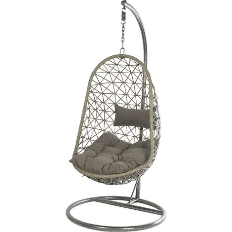 Fauteuil suspendu en résine tressée gris – 1 place – Dimensions (Ø x H) 95 x 195 cm – Coussins inclus – Pour extérieur – Jardideco