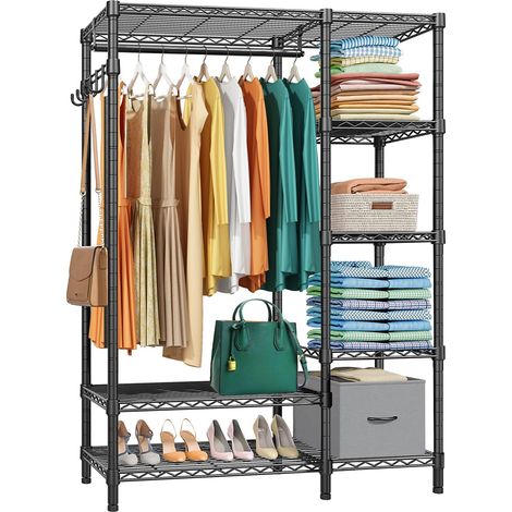 Portant à Vêtements, Porte-manteau pour Vêtement Penderie Métallique avec 4 Étagères 3 Barres, Hauteur et Largeur Réglables, Charge Max 290kg,114 42 194cm (1/5)