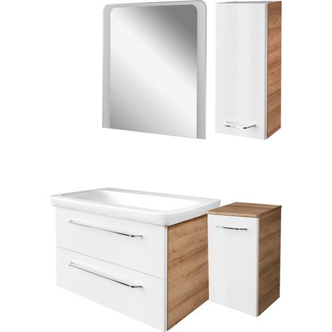 Fackelmann MILANO Badmöbel Set 5-teilig, 80 cm, Braun hell/Weiß, Keramik, Spiegel + 2 Badschränke"-"90294145 (1/4)