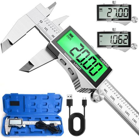 Preciva Pied a Coulisse Rechargeable, Grand Écran LCD Pied à Coulisse Numérique, 150mm / 6inch Digital Micrometre, 0.03mm Haute Précision, MM/IN Conversion, Fonction De Verrouillageeet Remise à Zéro
