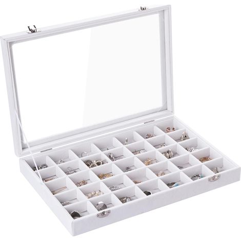 Velvet plateau de bijoux 35 compartiments boîte de rangement bijoux avec couvercle boucles d'oreilles boîte de rangement tiroir insert anneau cadeau pour les femmes (Beige 35 compartiments) (1/5)