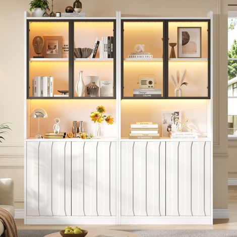 Ensemble de 2 vitrines, vitrines LED, vitrine haute avec portes vitrées, vitrine haute en verre avec éclairage LED et cloison ouverte, meuble de salon avec portes vitrées, cuisine, entrée, blanc, 160 (1/5)