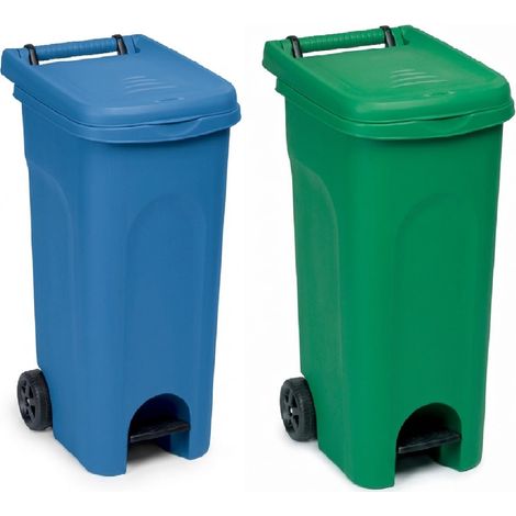 2 Bidoni 80 Litri blu e verde Carrello con Ruote Pedale e coperchio Raccolta spazzatura Differenziata da Esterno e Interno Anello Ferma Sacco Contenitore Secchio Rifiuti domestico e professionale (1/5)