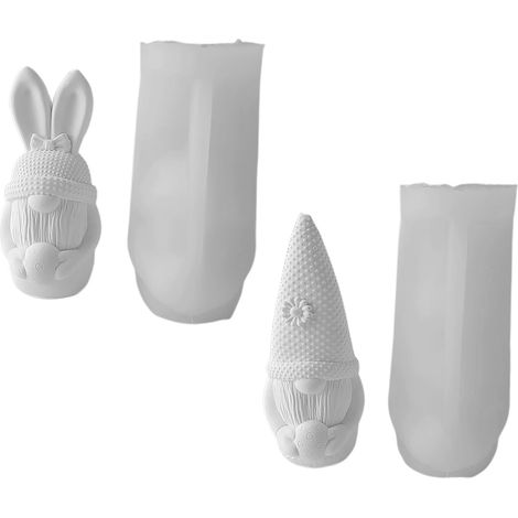 (Lot de 2 modèles) 2 moules à bougie 3D en forme d'œuf de Pâques, lapin, à faire soi-même, petit nain Zhu Ru, bougie parfumée, ornement en plâtre (0426+0427) (1/2)