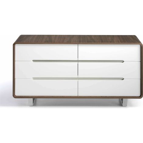 Commode bois 6 tiroirs laqué inserts et pieds acier inoxydable chromé - Noyer, blanc, acier (1/5)