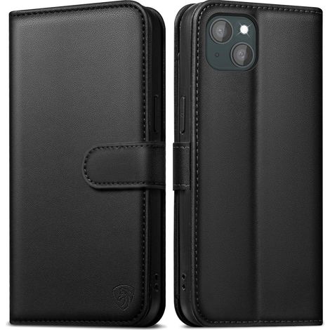 Handyhülle iPhone 13 Leder RFID Schutz Schwarz 6 Kartenfächer (1/5)
