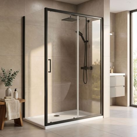 1100 x 900mm Sliding Shower Enclosure 8mm Glass Black Framed Enclosure (1/5)