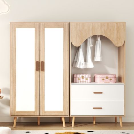 Ensemble d’armoire enfant - armoire 2 portes+armoire ouverte - avec Tringles et tiroirs - finition effet bois - naturel et blanc