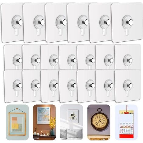 Lot de 20 Adhesif Accroche Tableau Sans Percer, Attache Cadre Adhésif Crochets pour Accroche Cadres Photo, Art Mural, Décoratives, Sans Trou (1/4)