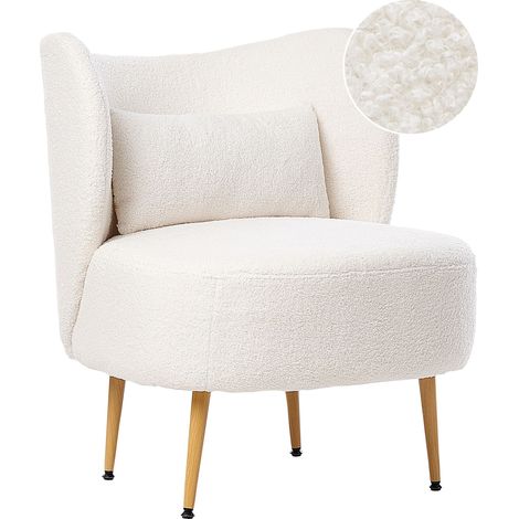 Poltrona Soggiorno Seduta Schienale curvo Design Glam Tappezzeria Boucle Legno chiaro Gambe in metallo Bianco sporco Otsby II