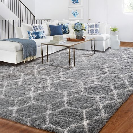 Tapis Hauts Poils Gris Clair et Blanc 150x210, Antidérapant et Lavable, Grand, Doux et Moelleux pour Salon, Chambre, Chambre d'enfant Fille ou Garçon, Dessus-de-lit à Longs Poils (1/5)