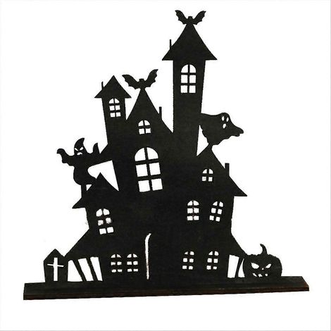 Silhouette en bois d'Halloween, dessin de maison hantée, décoration de bureau (1/5)