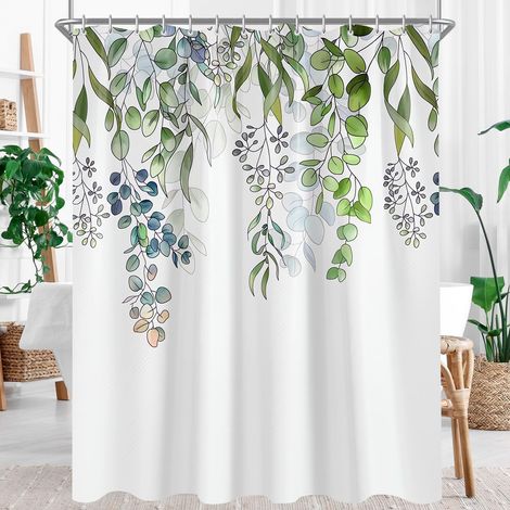 Cortina de ducha, 80 x 200 cm, estampado de hojas verdes, resistente al moho, con dobladillo con peso, impermeable, lavable, de poliéster, con ojales y 6 anillas, para baño.