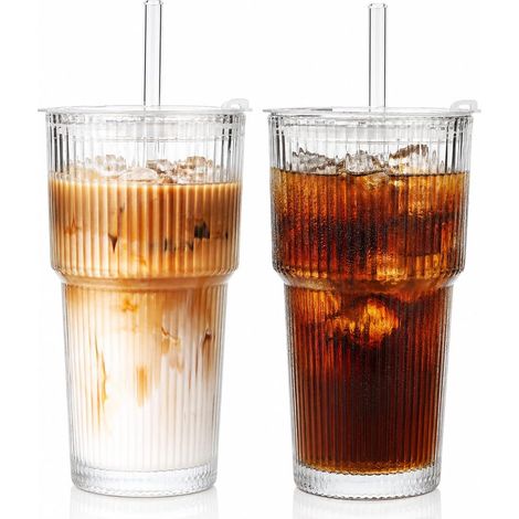 Lot de 2 gobelets en verre côtelés de 600 ml avec couvercle et paille, verres à café glacé, verres à long drink, gobelets à smoothie, design hermétique et étanche, idéal comme café (1/5)