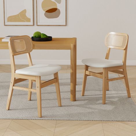 Wahson Lot de 2 chaises blanc en rotin et bois massif – Coussin en similicuir imperméable – Dossier en rotin tressé – Pour salle à manger et cuisine