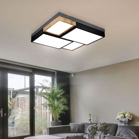 Plafonnier lampe de salon lampe en bois noir plafonnier LED chambre à coucher, métal, MDF, plastique, 50W 3000lm blanc chaud, LxlxH 60x60x9