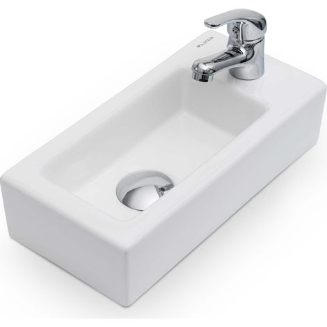 Vilstein Waschbecken Aufsatzwaschbecken Hängewaschbecken Keramik, 36x18x9cm, Armatur Rechts (1/4)