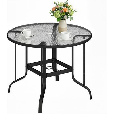 Tavolino da Giardino Rotondo con Foro per Ombrellone, in Metallo e Vetro Temperato, Ø96.5x71 cm, Nero