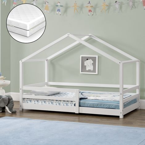 Letto per Bambino a Forma di Casetta con Barriere di Sicurezza e Materasso Ortopedico 70 x 140 cm Lettino in Legno di Pino con Sponde - Bianco (1/5)