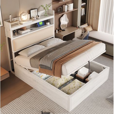 Cama individual con almacenamiento y USB retro blanca OKMYHOME (1/5)