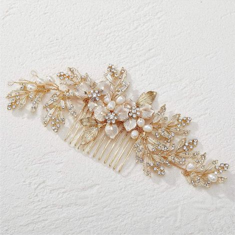 Peigne À Cheveux Mariée - Peigne À Fleurs En Alliage Doré Avec Perles Et Strass - 15,5 X 6 cm - Pour Mariage Fiançailles Communion