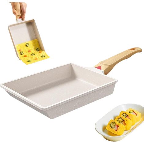 Poêle à omelette - Poêle à tamagoyaki - Poêle à omelette japonaise antiadhésive - Manche en bois - Blanche (1/4)