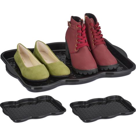 Relaxdays Poggiascarpe, Set da 3 Vaschette per Scarpe Bagnate, per Corridoio, Armadio, Auto, 3 x 48 x 34 cm, Nero