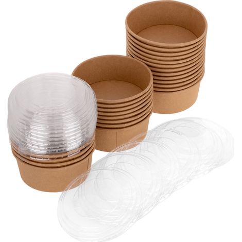 PrimeMatik - Saladiers en carton kraft avec couvercles en plastique recyclable 750mL, 25 pcs. (1/5)