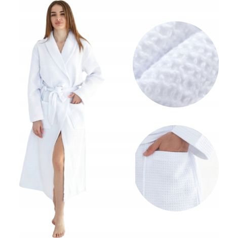 Weißer Damenbademantel, Waffelmuster, lang, mit Taschen, 100 % Baumwolle, schnelltrocknend, Größe 3XL (1/5)