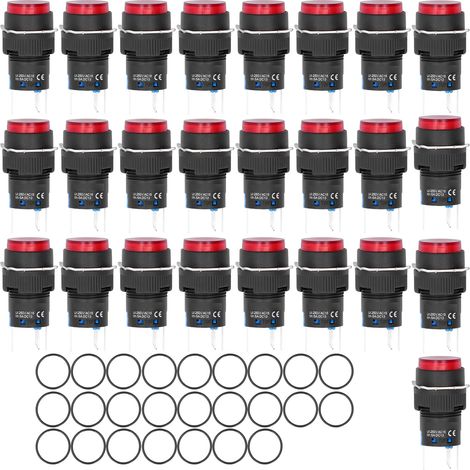 Bouton poussoir lumineux 16mm, 25 pièces, interrupteur rond auto-retour 12V pour équipement d'automatisation, rouge (1/5)