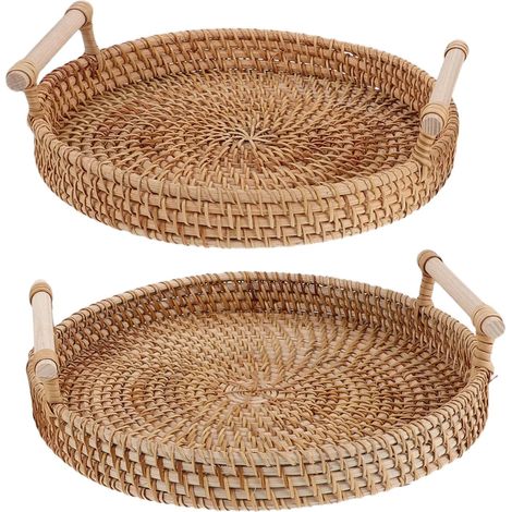 OUNONA Lot de 2 paniers rangement ronds en rotin tressé à la main avec poignées , bois naturel , pou
