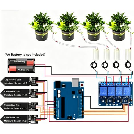 Kit d'arrosage automatique amélioré pour plantes de jardin : Carte de développement + 4 capteurs d'humidité du sol + Relais 4 canaux + 4 pompes à eau + 5 mètres de tuyau en vinyle + Câble