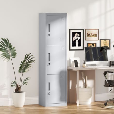 Couleur gris - Armoire acier 3 portes et 3 étagères, serrure et aération, meuble polyvalent pour bureau à domicile 45x38x180 cm